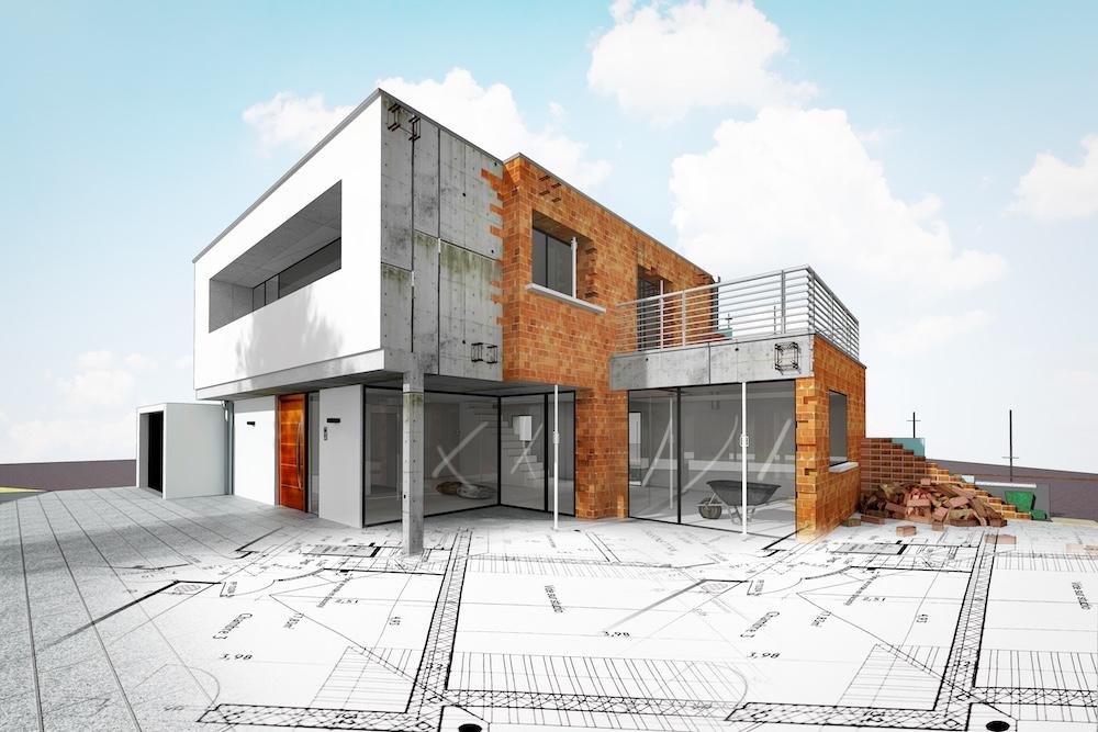 Ein 3d Haus Model steht auf einem gezeichnetem Grundriss